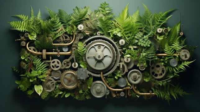 Botanical Machinery: Plants Intertwined With Mechanical Gears, Illustrating The Balance Between Natural And Man-made Elements | Generative AI