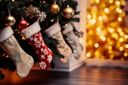 Generative AI illustration of gift boxes and socks wrapped in shiny paper under christmas tree