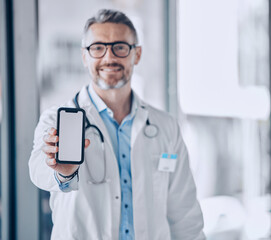 Doctor, phone screen and mockup for healthcare presentation, communication or FAQ in hospital....