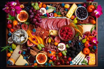 Charcuterie, cured meats, cheese, fruits, and vegetables come together on a colorful board, creating an artistic and elegant arrangement that forms a stunning edible masterpiece.