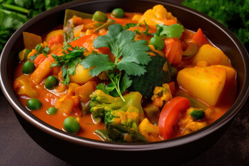 Colorful vegetable curry made with fresh veggies in a rich tomato-based sauce, topped with cilantro leaves - a delicious and nutritious homemade vegan meal inspired by Indian and Asian cuisine.