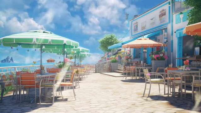 restaurant on the beach with butterfly with cartoon or anime style background. seamless looping time-lapse virtual 4k video animation background.