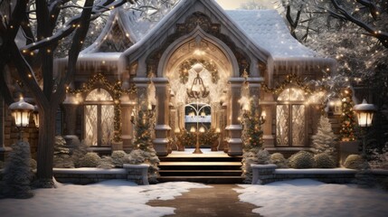 Fototapeta premium the enchanting beauty of a snow-covered garden adorned with glimmering holiday decorations, such as sparkling snowflake ornaments, and fairy lights wrapped around trees