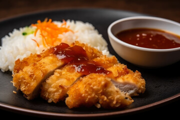 Chicken katsu, a breaded cutlet with panko breadcrumbs, is served with steamed rice and a side of sweet and sour sauce in this macro shot.