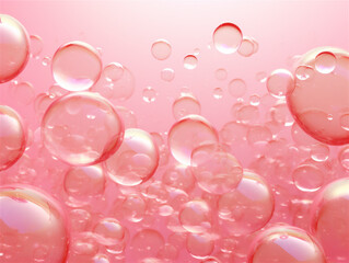 Pastel pink transparent soap bubbles on pink background, ai generated