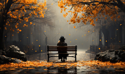 Girl at night on a bench in the autumn park.