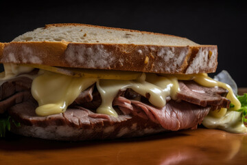 Roast beef sandwich with Swiss cheese and sautéed mushrooms on rye bread, a satisfying and savory deli lunch.