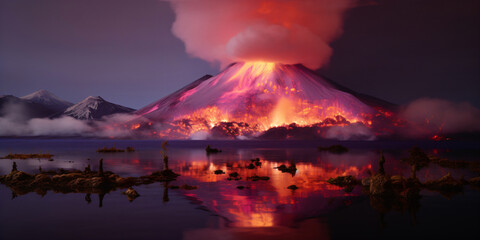 volcano full of lava in a volcanic eruption, natural disaster - obrazy, fototapety, plakaty