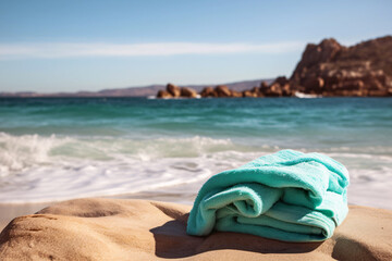 Obraz na płótnie Canvas Blue towel on the sand of the beach. Selective focus.
