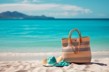 Fototapeta na wymiar Beach bag with hat on the sand near the sea. Vacation concept