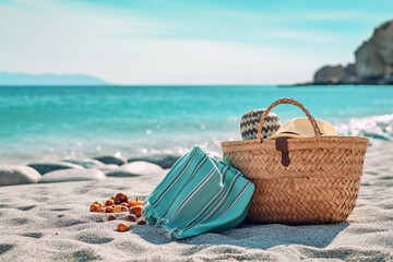 Beach accessories in wicker basket on the sand by the sea