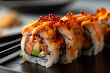 A close-up of a spicy tuna roll topped with tempura flakes and drizzled with eel sauce, showcasing the vibrant and delicious flavors of Japanese cuisine.