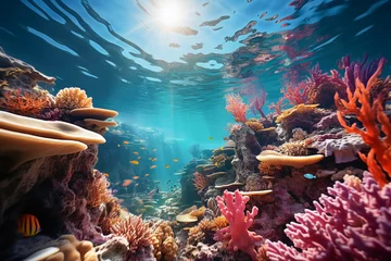 Poster Beautiful scenery of underwater coral reefs shining in the sunlight from the sky. The concept of ecology.  © cwa