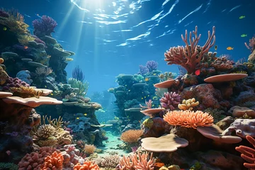 Deurstickers Beautiful scenery of underwater coral reefs shining in the sunlight from the sky. The concept of ecology.  © cwa
