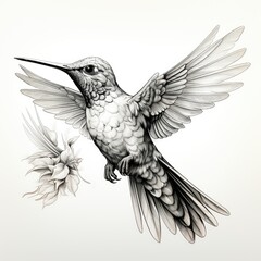 Black and white drawing of a hummingbird isolated. Tropical bird hummingbird concept art, logo, design, drawing, art. Hummingbird tattoo. Generative ai