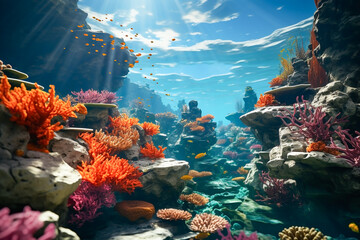 Naklejka na ściany i meble Beautiful scenery of underwater coral reefs shining in the sunlight from the sky. The concept of ecology. 
