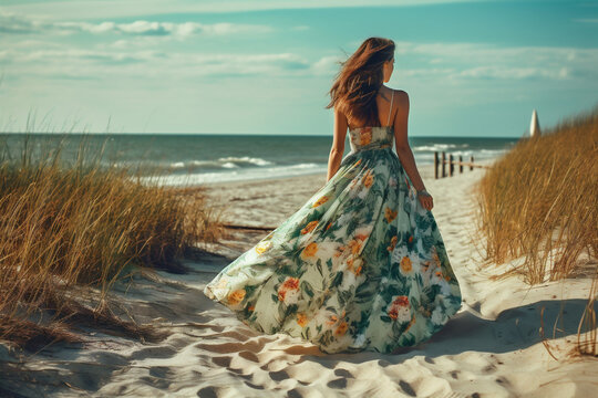 fashion woman hippie dress sea sun lifestyle person beautiful beach summer. Generative AI.