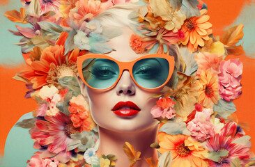 woman art flower bouquet poster abstract fashion portrait face design trend. Generative AI.