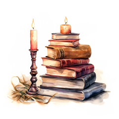 Watercolor style pile of old classical antique books with candles next to it on a white background. Generative AI
