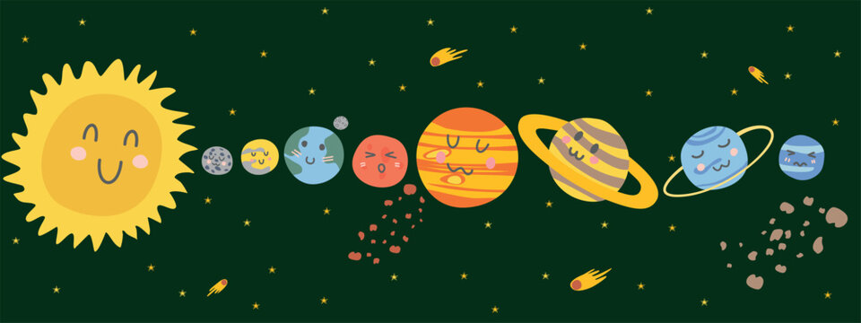 cute and funnt solar system with comets and asteroid belts