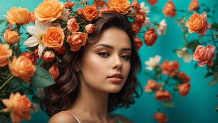 Beautiful girl with flowers. Stunning brunette girl with big bouquet flowers of roses. Closeup face of young beautiful woman with a healthy clean skin. Pretty woman with bright makeup