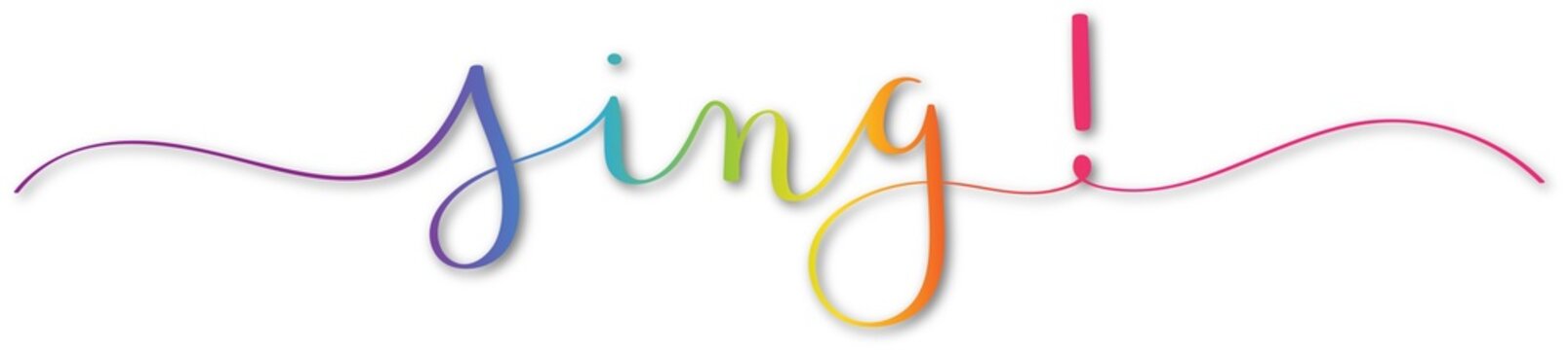 SING! brush calligraphy banner with rainbow gradient on transparent background