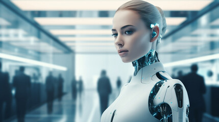 AI - powered robot assistant in a modern office setting, showcasing advanced technology and automation