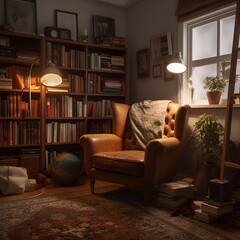 A cozy reading nook, with a plush armchair, a glowing lamp, and shelves filled with books of all genres - Generative AI
