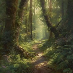 A serene forest path, dappled with sunlight streaming through the canopy, inviting viewers to embark on an enchanting journey - Generative AI