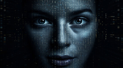 an abstract digital human face with binary code and matrix style on a dark background