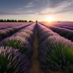 A tranquil lavender field in full bloom, with rows of vibrant purple flowers stretching as far as the eye can see - Generative AI