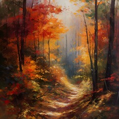 A vibrant autumn forest, ablaze with hues of red, orange, and gold, capturing the beauty of nature's transformation - Generative AI