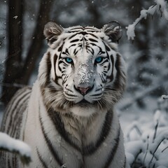 A majestic white tiger, with piercing blue eyes, standing confidently amidst a snowy landscape - Generative AI