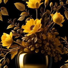 Still life with yellow flowers, vase with yellow flowers, moody dark vibes