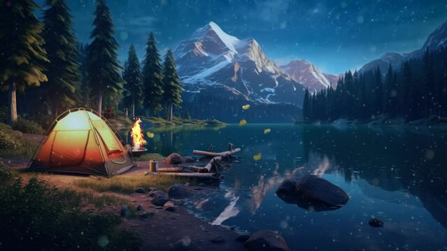 beautiful landscape camping in the mountains background.  seamless looping time-lapse virtual 4k video animation background.