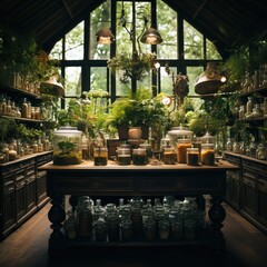 table with many glass bottles and herbs in rustic room or conservatory. home of a healer or medicine man. 