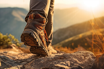 Lifestyle concept for vacation or travel with closeup of trekking shoes hiking on top of natural mountain. - obrazy, fototapety, plakaty