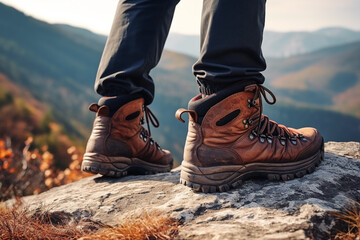 Lifestyle concept for vacation or travel with closeup of trekking shoes hiking on top of natural mountain.