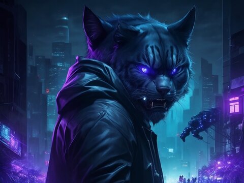 portrait of a person with a wolf, cyber pank neor background with a wolf