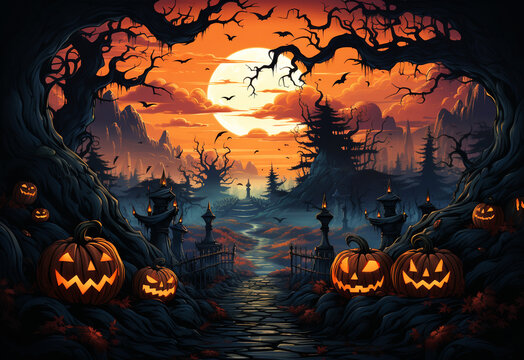 Halloween background with pumpkins in the forest - illustration for children