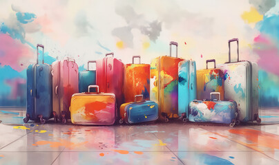 multi-colored travel suitcases of different sizes with painted blots in pastel colors on the background of the station or airport.in a watercolor style.  - obrazy, fototapety, plakaty