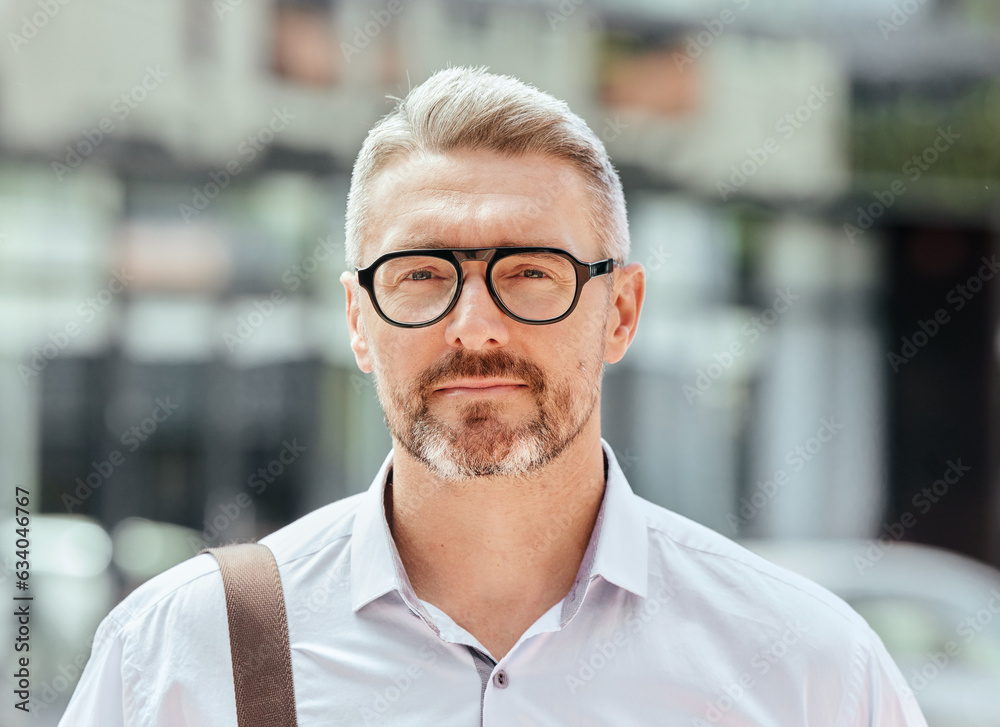 Poster Mature business man, city and portrait with glasses, bag and ready for walk, travel and outdoor in metro. Entrepreneur, CEO or manager in road, traffic or sidewalk with pride on serious face in Milan