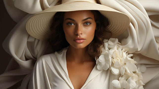 Beautiful fair-skinned African American woman in a large white fashionable hat and white dress. 