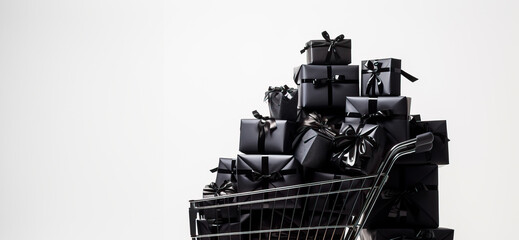 Black Friday Sale concept, Gift boxes in a Shopping Cart, white background with copy space.