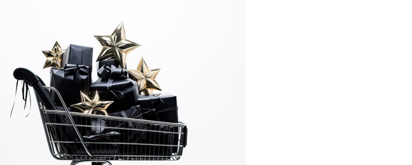 Black Friday Sale concept, Gift boxes in a Shopping Cart, white background with copy space.