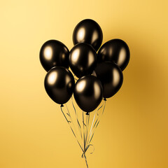 Black balloons isolated on a golden or yellow background with copy space. Black Friday sale concept for banners, wall art, social media and more.