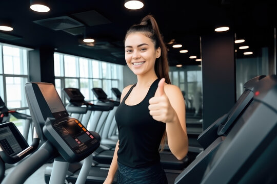 Smiling beautiful Woman, fitness and thumbs up to health, workout and training to live an active, wellness and healthy lifestyle with gym. Personal trainer