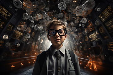 A portrait of a schoolboy with glasses is located in the virtual space of the metaverse with formulas and signs. The concept of learning, games and futuristic entertainment.