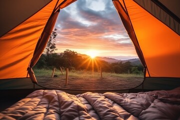 View of the serene landscape from inside a tent. Camping
