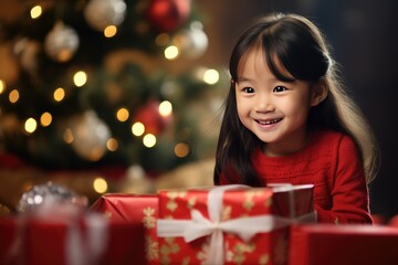 Happy smiling asian girl with christmas gift at xmas lights background
